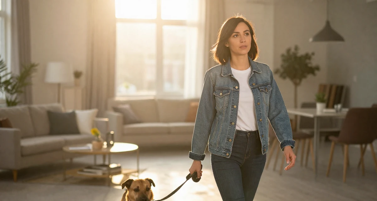 A lazy Female Raised in Vietnam, studied digital illustration in their 46, advocate for work-life balance in leadership, wearing a classic denim jacket and white tee, walking a dog (leash visible) in a modern apartment living room.