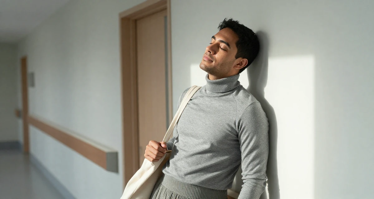 A calm and confident male From Australia, trained in photography and visual arts in their 34, seeking spiritual or philosophical growth, wearing a fitted turtleneck and skirt, carrying a tote bag in a hospital corridor.