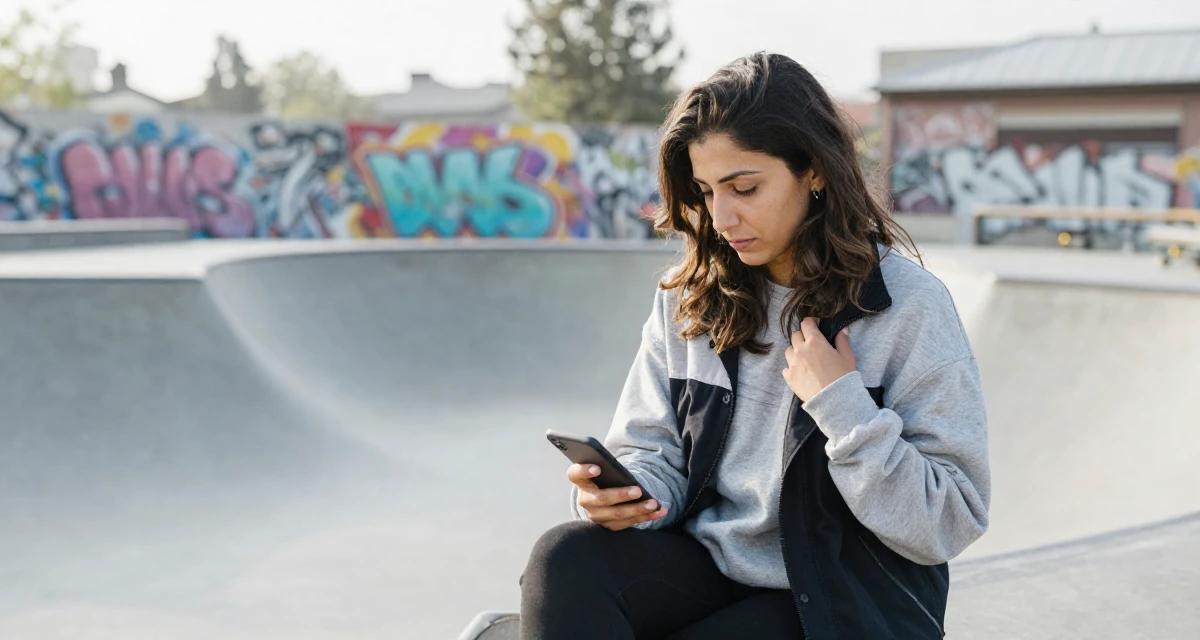 A timid Female From Arabic-speaking world, majored in geology in their 35, at the peak of creative energy and output, wearing a relaxed streetwear, scrolling casually in a skate park.