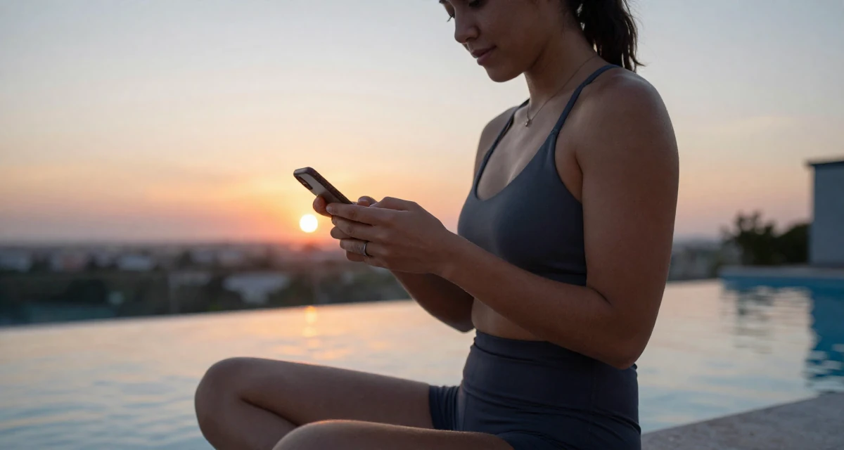 A relaxed Female Once a financial analyst, now creating emotionally raw premium content in their 21, constantly documenting life for an audience, wearing a strappy gym top and compression shorts, playing with a ring on a finger in a swimming pool deck.