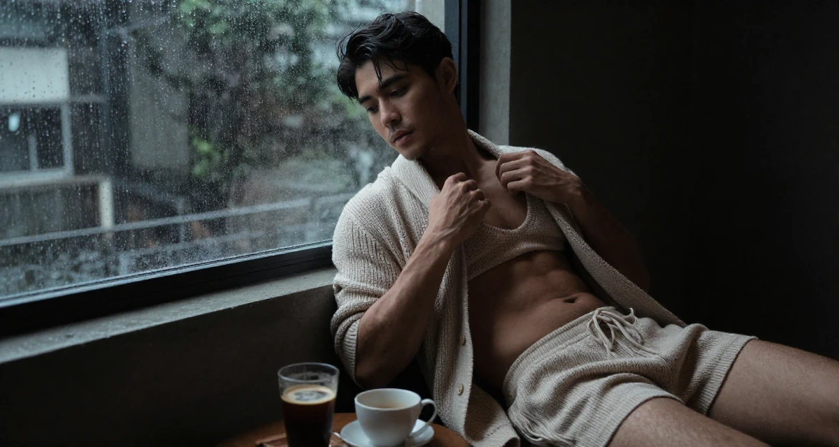 A gentle male From Thailand, majored in entertainment business in their 43, balancing a demanding career with self-care, wearing a knitted bralette and a matching cardigan with shorts, adjusting a collar in a rainy window seat.