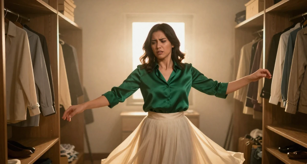 A teasing Female From Indonesia, based in Surabaya, graduated from a creative academy majoring in multimedia arts in their 25, dealing with anxiety about first paying subscribers, wearing a emerald green silk blouse and a cream skirt, stretching arms in a walk-in closet.