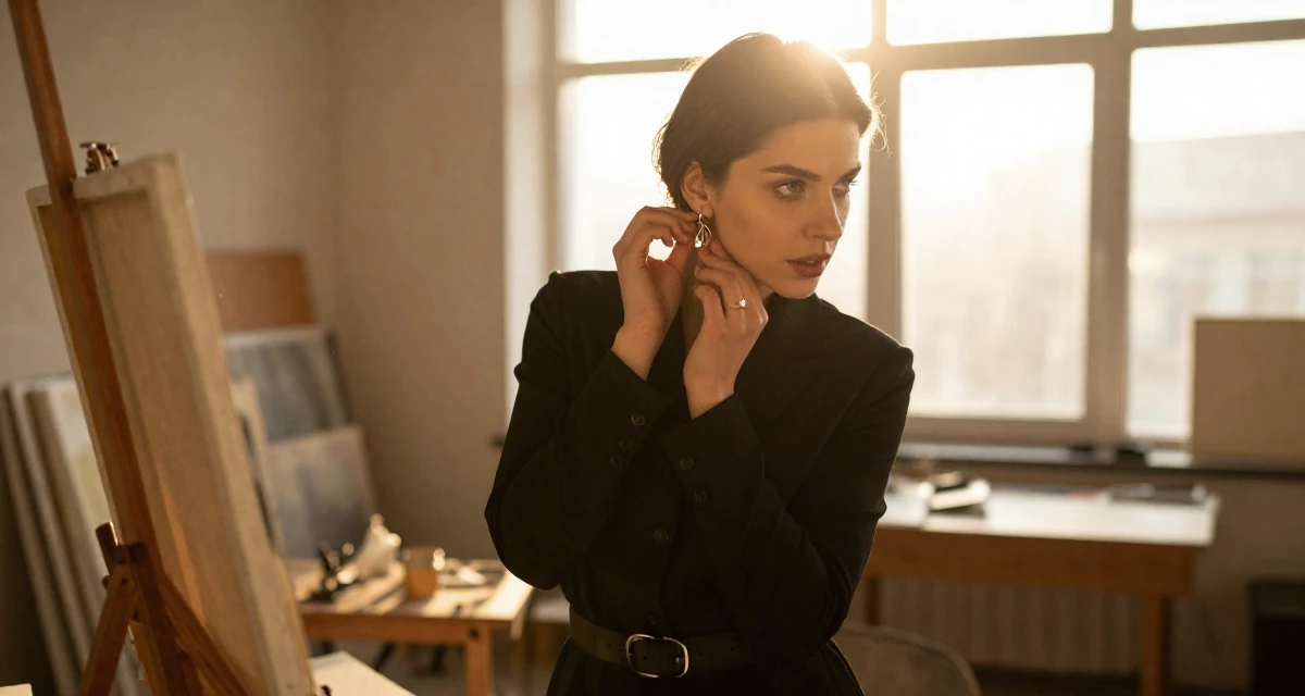 A coy Female From Poland, studied biotechnology in their 23, realizing “less is more” in seductive storytelling, wearing a monochromatic black outfit, putting on earrings in a artist workshop.