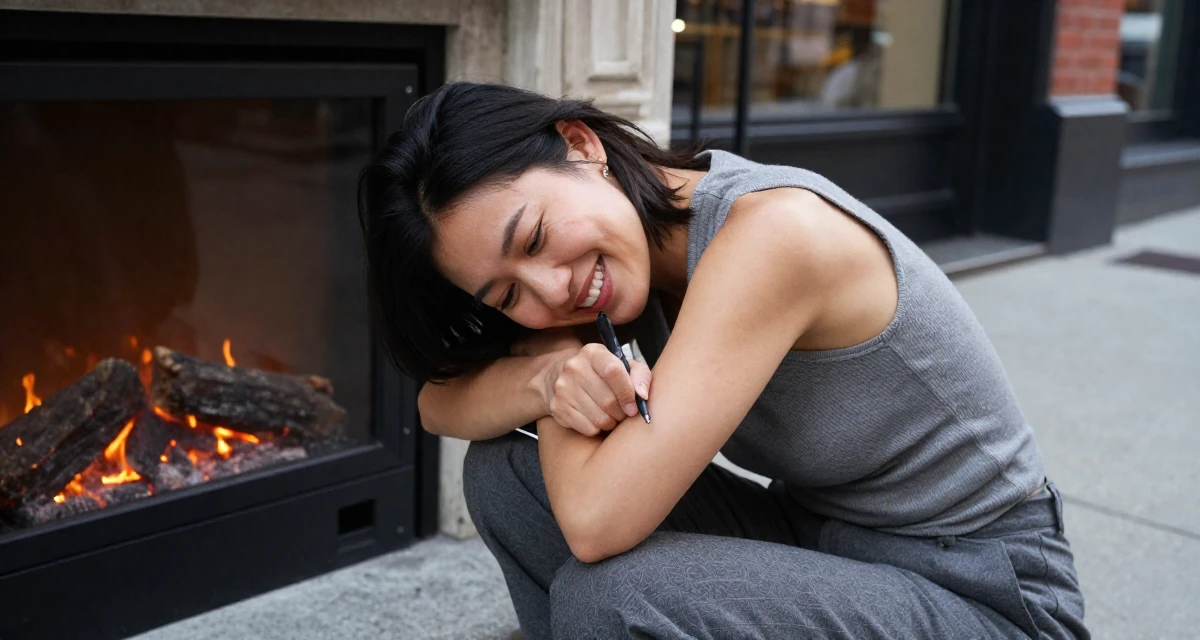 A joyful Female Former florist assistant, now making soft, romantic aesthetic content in their 27, forcing yourself to smile in content on bad days, wearing a fitted vest top worn without a shirt underneath and slacks, holding a pen poised to write in a city sidewalk.