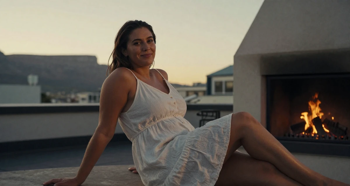 A smirking Female From South Africa, based in Cape Town, graduated from a fashion university majoring in body-positive styling in their 25, saving up for the first major independent purchase, wearing a airy cotton dress for summer, crossing legs in a rooftop terrace at sunset.