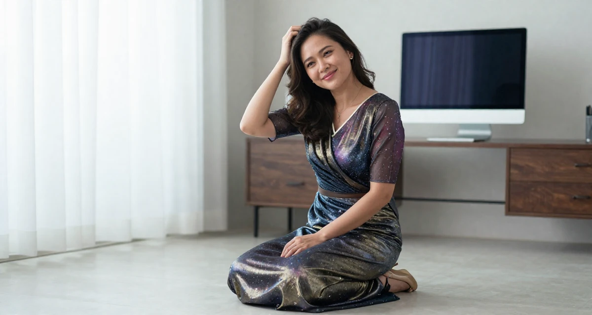 A lighthearted Female Born in Indonesia, studied brand communication in their 49, expert in antique restoration and design, wearing a galactic princess gown with metallic fabrics, scratching a head lightly in a home interior.