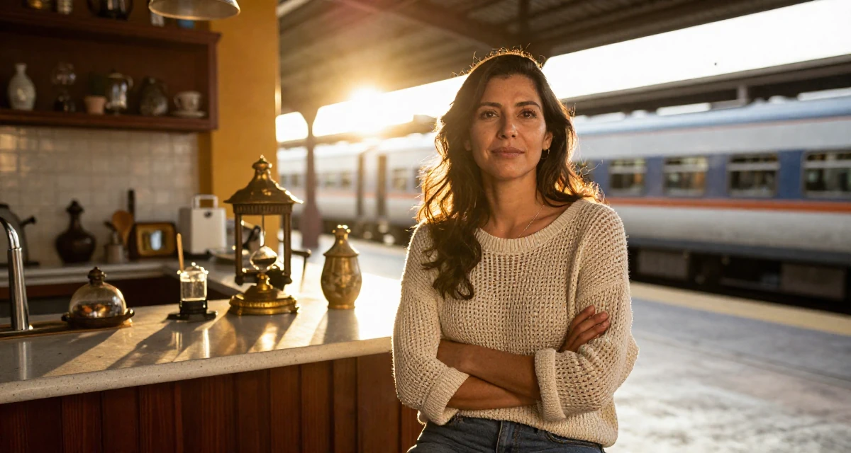 A relaxed Female From Mexico, studied cultural studies in their 49, expert in antique restoration and design, wearing a loose open-knit sweater showing skin underneath, crossing arms confidently in a sunlit kitchen island.
