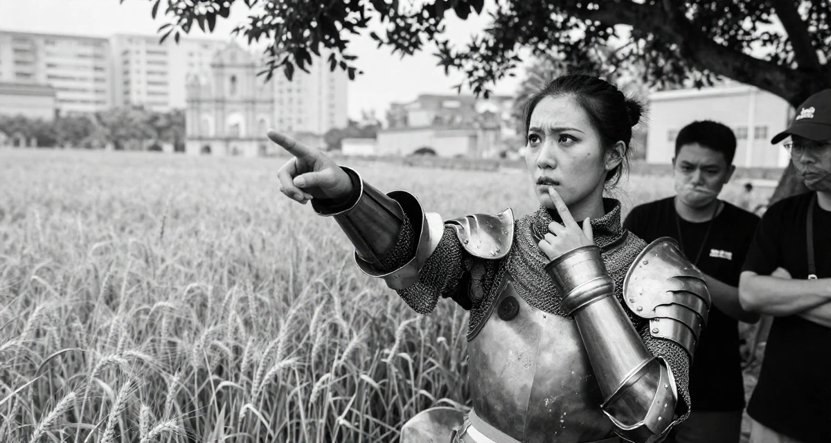 A worried Female From Macau, learned performance makeup from casino backstage crews in their 24, prioritizing mental health over the grind, wearing a female knight armor with a tabard and chainmail, pointing at something distant in a golden wheat field.