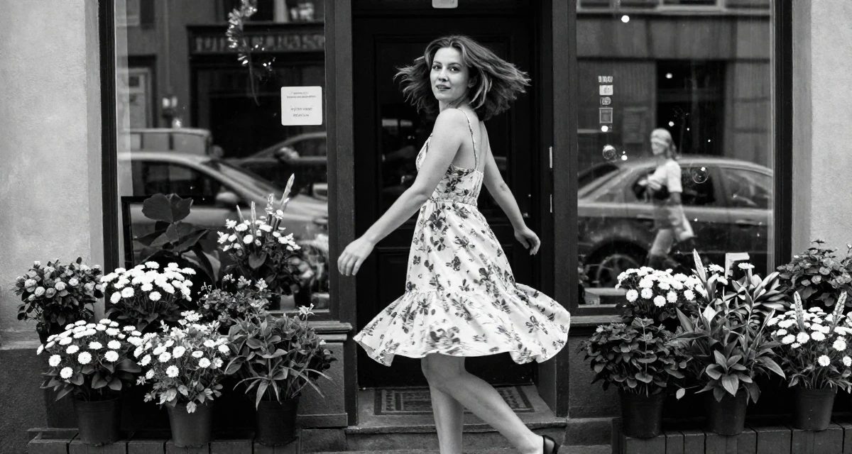 A spirited Female From Russia, studied psychology at a community college in their 23, balancing risk-taking with stability needs, wearing a backless summer sundress in a floral print, pausing mid-step in a flower shop entrance.