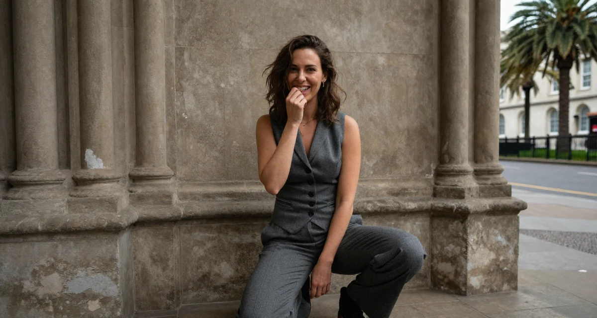 A amused Female From UK, studied fashion marketing in London in their 33, embracing a solo travel lifestyle, wearing a grey vest and matching trousers outfit, biting a lip thoughtfully in a gothic cathedral interior.