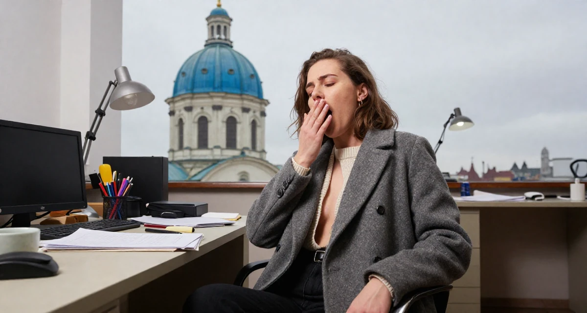 A relaxed Female From Warsaw Poland, studied social psychology in their 25, wearing a tailored coat and looking sharp, wearing a open-back sweater showing the spine, stifling a yawn in a messy desk.