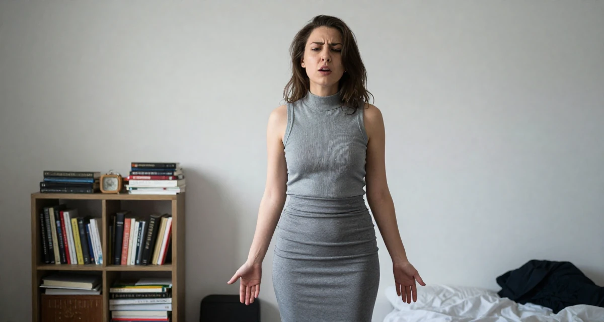 A intimidating Female From Turkmenistan, studied industrial technology in their 23, recovering from early career burnout, wearing a mock neck sleeveless top and a pencil skirt, humming a tune visually in a minimalist bedroom.