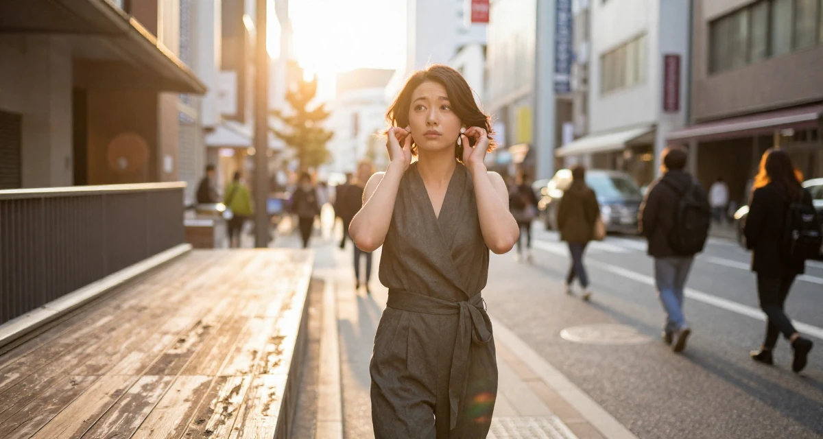 A disinterested Female From Osaka Japan, holds a degree in animation design in their 22, romanticizing the struggle of city living, wearing a chic jumpsuit styling, putting on earrings in a bustling city street.