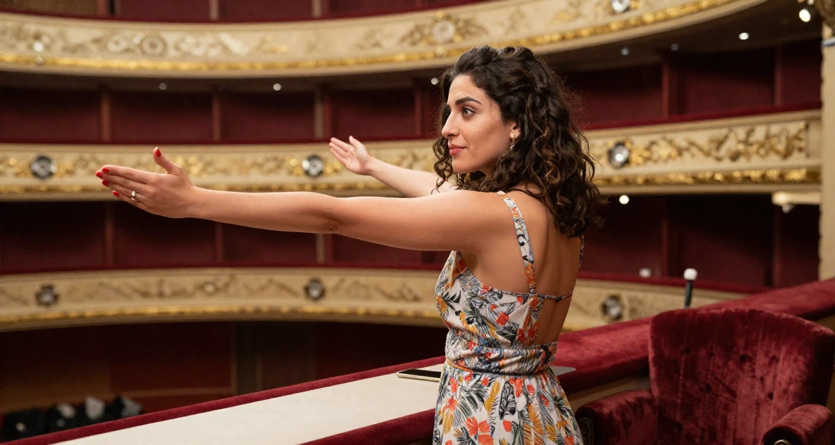 A cheeky Female From Turkey, majored in mechatronics in their 22, confronting competitive job markets, wearing a backless summer sundress in a floral print, stretching arms in a opera house balcony.