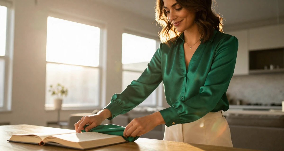 A smiling gently Female From United States, majored in forestry studies in their 25, managing fluctuating confidence, wearing a emerald green silk blouse and a cream skirt, smoothing out clothes in a modern apartment.