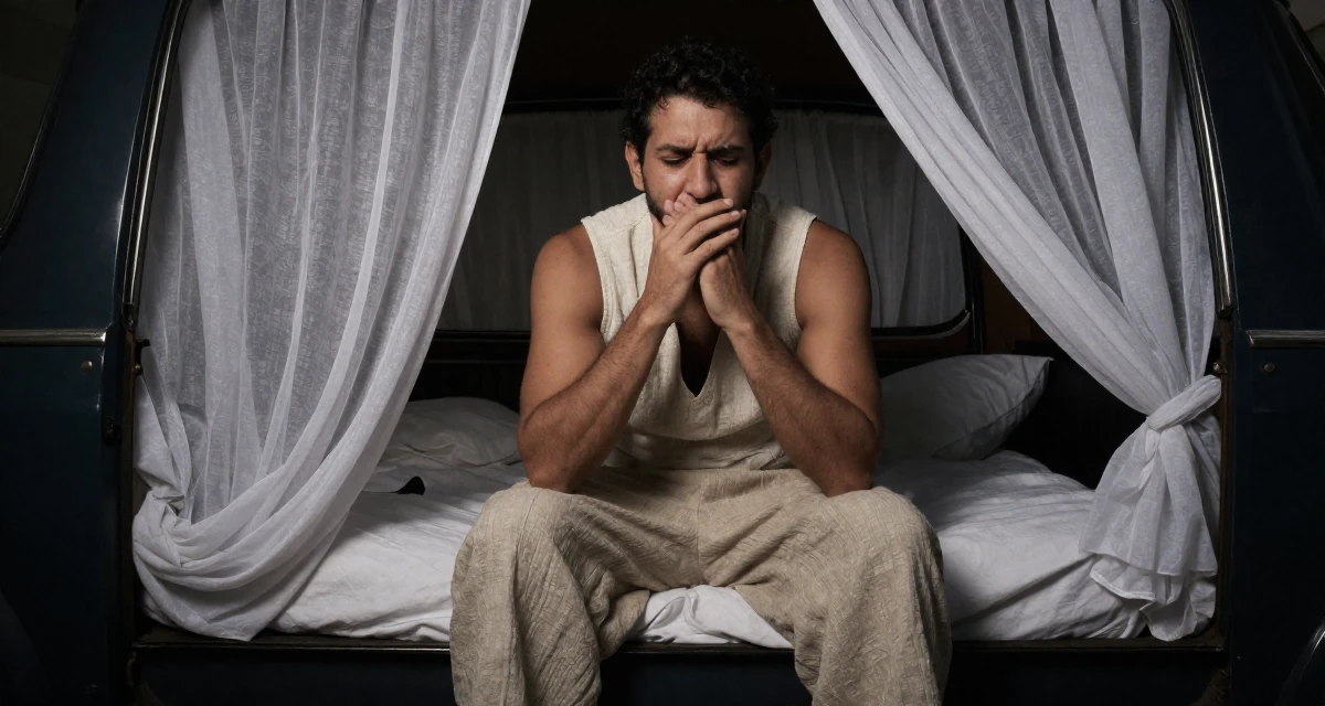 A solemn male From Brazil, graduated in tourism management in their 30, knowing the hustle is hard but quitting feels worse, wearing a sleeveless vest top and wide-leg linen pants, stifling a yawn in a vintage convertible car.