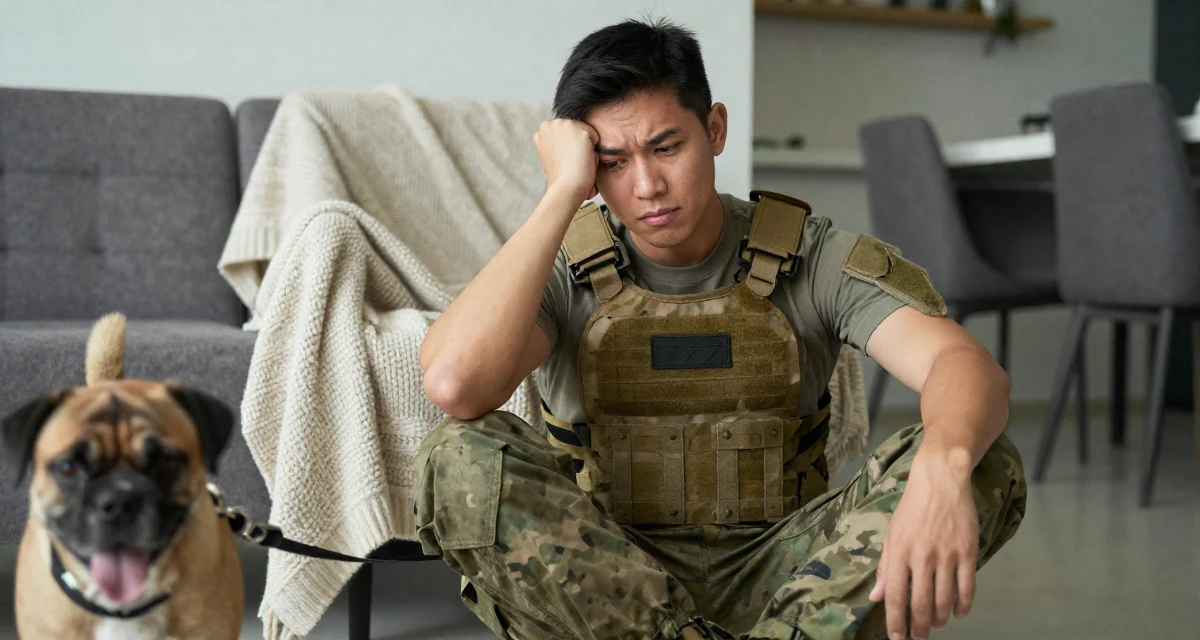 A quietly confident male From Bangkok Thailand, studied tourism management in their 21, feeling the anxiety of impending graduation, wearing a tactical military gear with a cropped vest and cargo pants, walking a dog (leash visible) in a modern apartment.