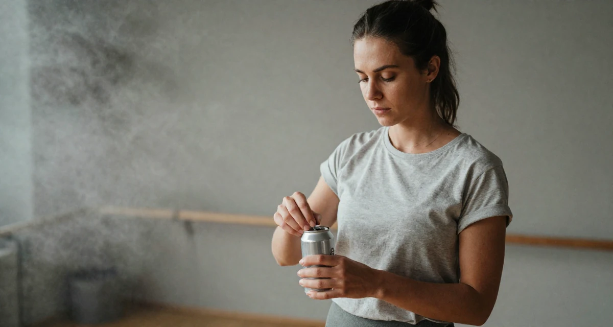 A soulful Female From Munich Germany, studied fitness conditioning and physique training in their 26, learning to endure hate comments quietly, wearing a soft organic cotton clothing, opening a soda can in a yoga studio.