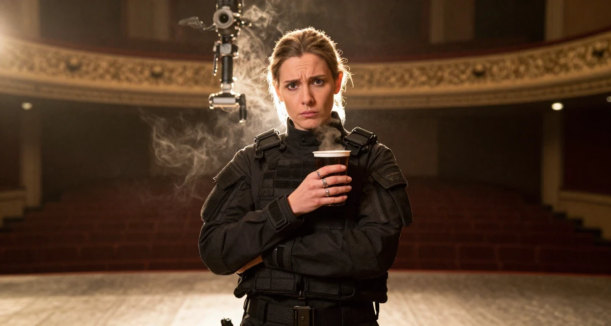 A confused Female From Copenhagen Denmark, studied influencer branding and content campaigns in their 25, still unsure how to price beginner subscriptions, wearing a special forces tactical suit in matte black, playing with a ring on a finger in a empty theater stage.