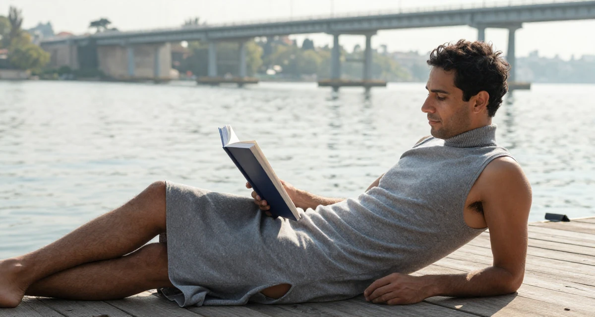 A bewitching male From Israel, studied behavioral economics in their 46, creating a sanctuary at home for relaxation, wearing a sleeveless turtleneck dress with high side slits, opening a book in a serene lakeside dock.