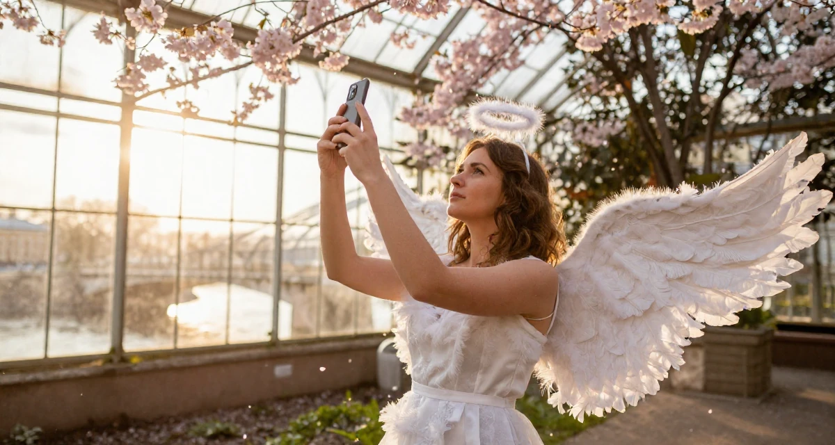 A solemn but kind Female From Saint Petersburg Russia, studied fine arts in their 31, balancing career peaks with personal downtime, wearing a angel costume with large feathered wings and a halo, snapping a photo with a phone in a botanical greenhouse.
