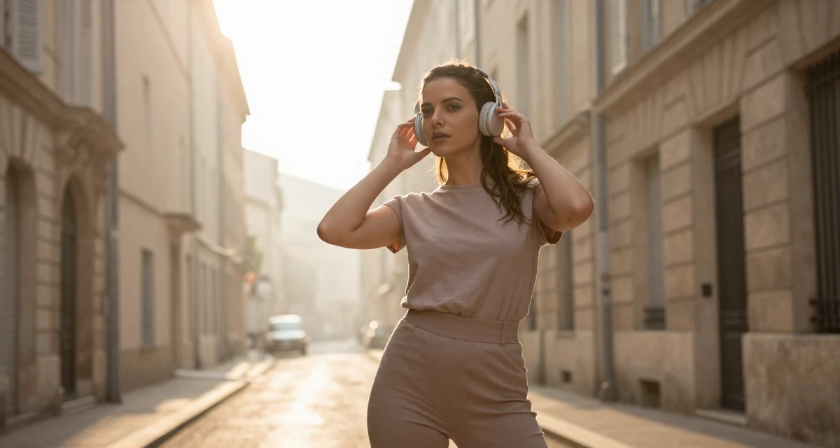 A mysterious Female From Marseille France, majored in culinary arts in their 25, building confidence by experimenting with poses, wearing a muted earth-tone clothing set, listening to music with headphones in a historic downtown.