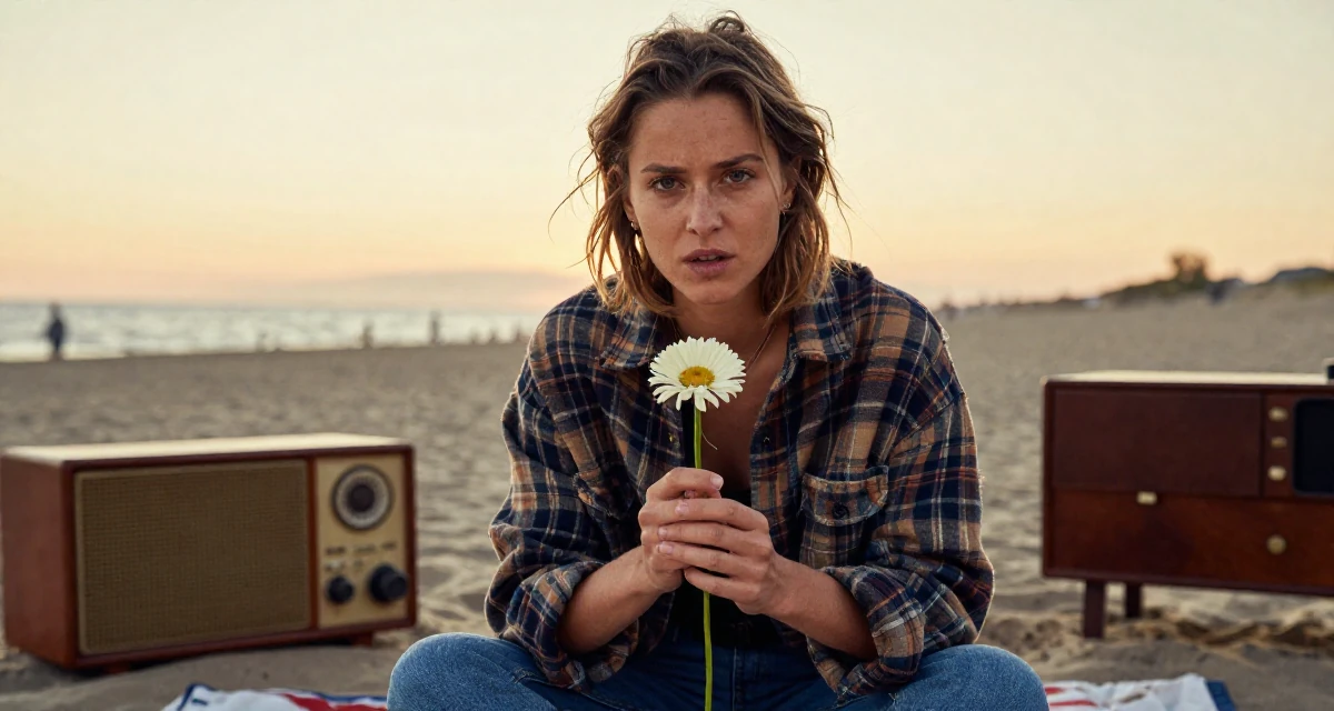 A intense and captivating Female From Rotterdam Netherlands, practiced lifestyle videography and editing in their 34, creating content about pet care and training, wearing a rugged flannel shirt and denim, holding a single flower in a sunset beach.
