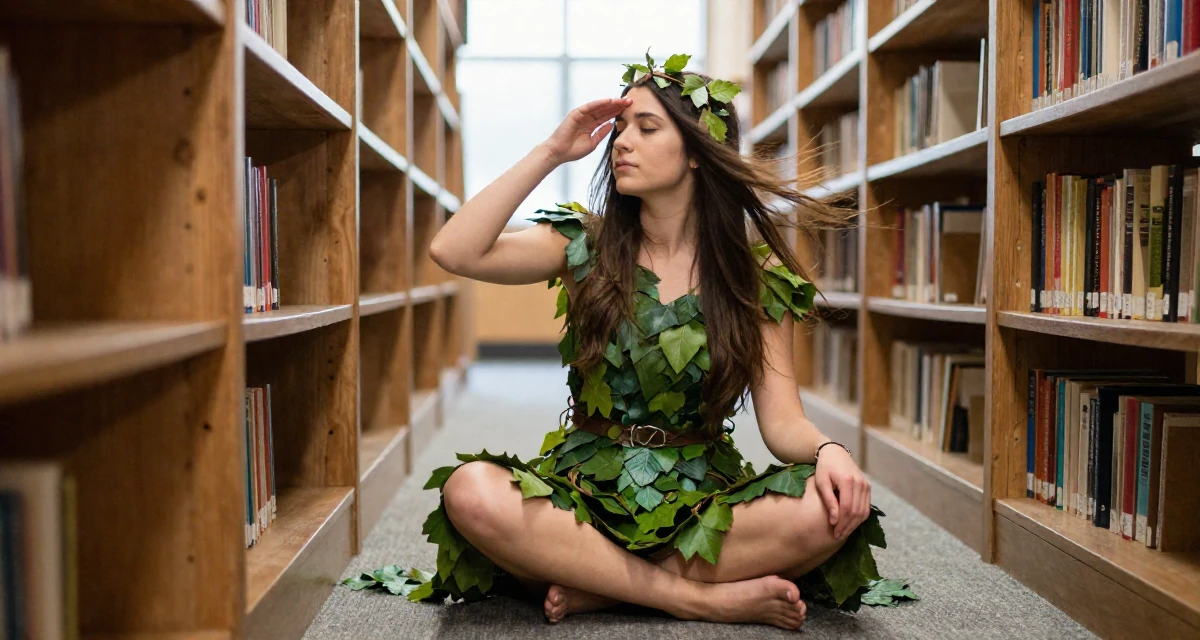 A nostalgic Female From the United States, based in Seattle, graduated from a community college majoring in digital marketing in their 24, analyzing long-term compatibility in dating, wearing a forest dryad costume made of leaves and vines, shielding face from the wind in a library aisle.