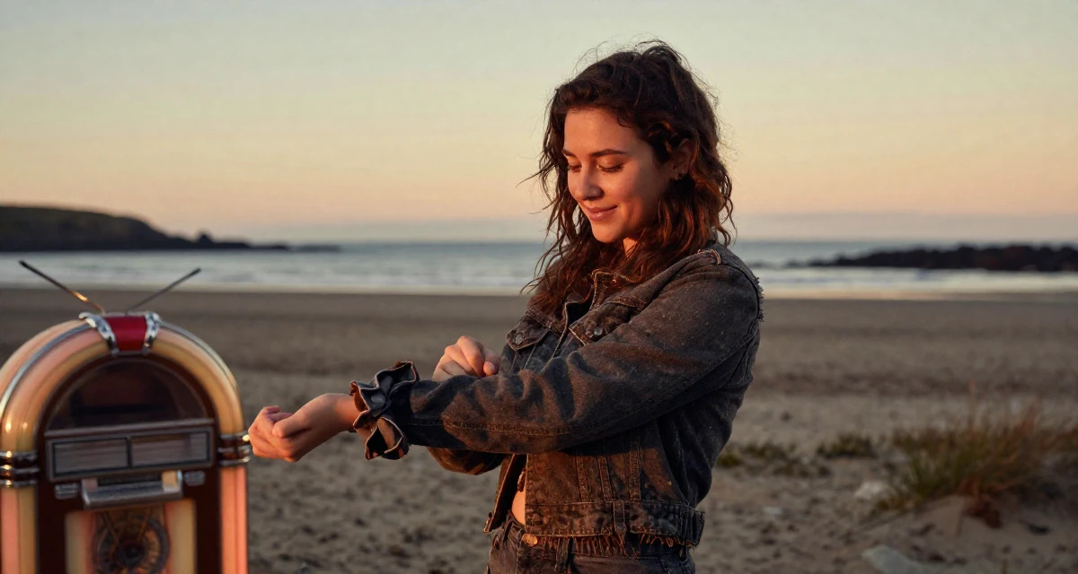 A smiling gently Female From Ireland, based in Cork, graduated from a regional college majoring in digital content creation in their 22, refining flirty messaging styles without oversharing, wearing a modern grunge aesthetic, adjusting sleeves in a sunset beach.