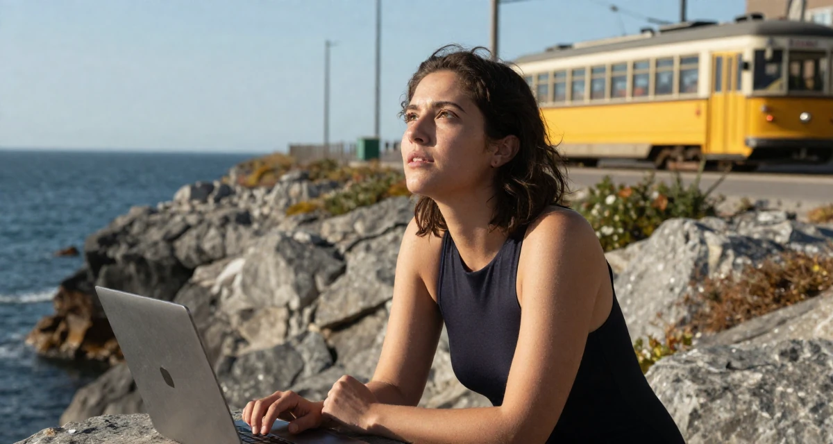 A open and honest Female From Canada, based in Montreal, graduated from a design program majoring in intimate visual arts in their 22, crafting content at midnight after work shifts, wearing a sleeveless bodysuit with deep armholes, looking up at the sky in a rocky ocean cliff.