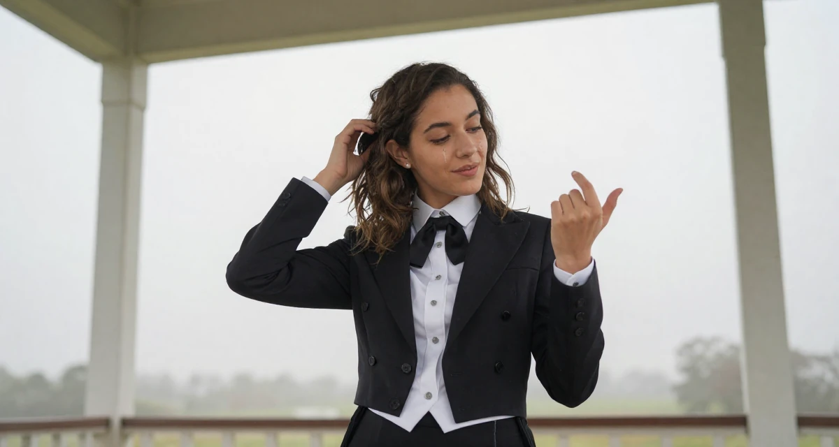 A warmhearted Female From Argentina, studied digital illustration at a local art institute in their 24, figuring out how to manage trolls and harassment, wearing a circus ringmaster outfit with a tailcoat, cracking knuckles in a front porch.