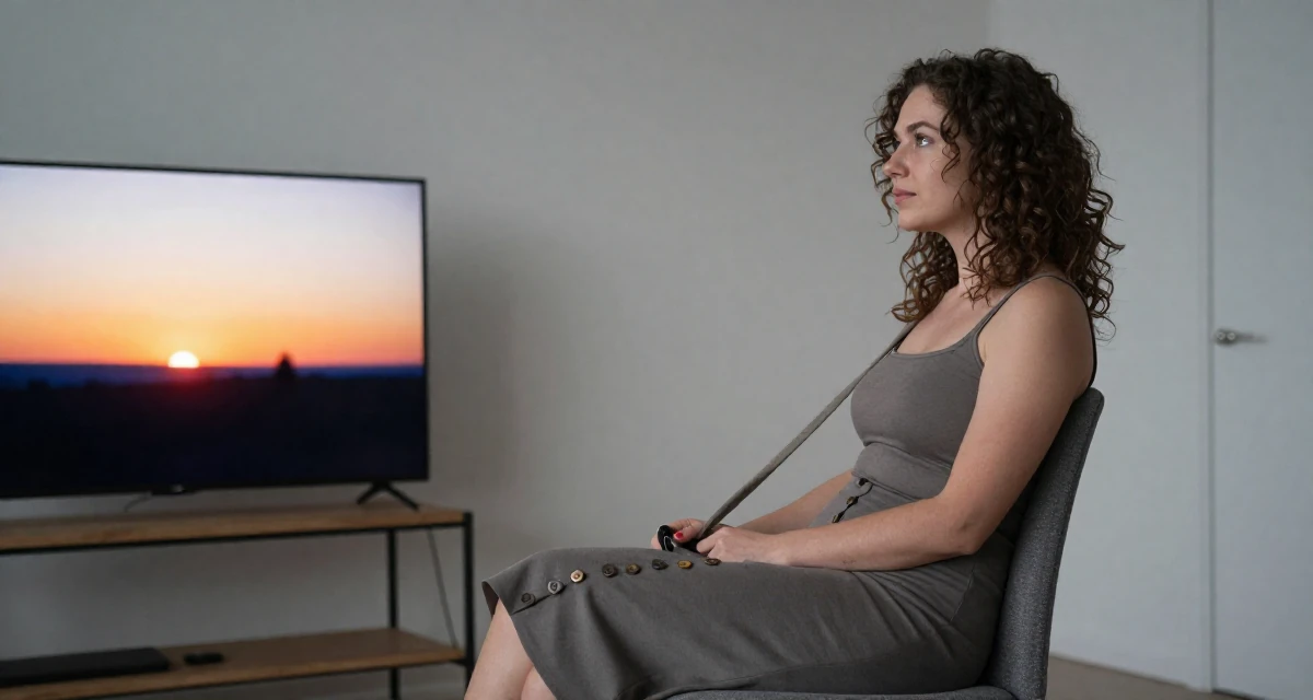 A inspired Female From Tampere Finland, majored in game development in their 30, exploring minimalism and intentional living, wearing a fitted midi skirt with buttons down the front, holding a leash in a tv set.