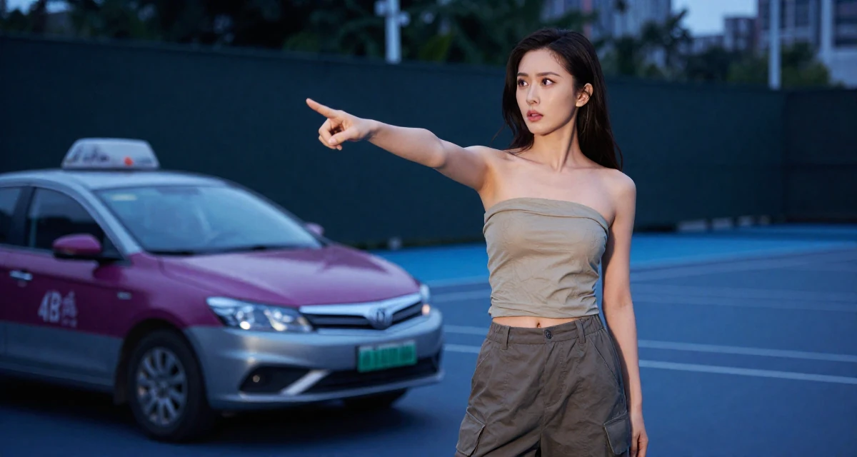 A stunned Female From Shenzhen China, graduated in computer science in their 29, trying to plan a future with unpredictable income, wearing a strapless tube top and cargo pants, waiting for a taxi in a tennis court.