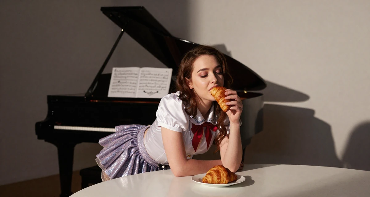 A exhausted Female From Russia, has a background in piano performance in their 29, seeking mentorship and higher guidance, wearing a magical girl anime costume with a sparkly short skirt, eating a croissant in a home interior.