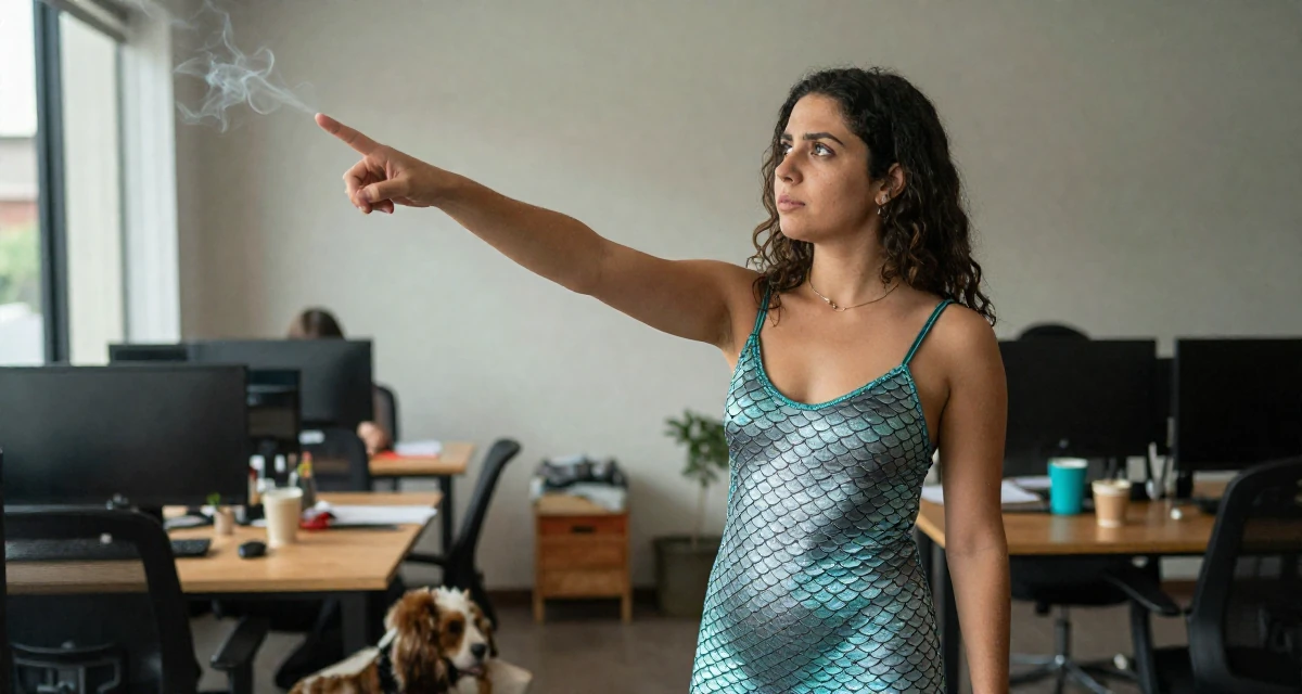 A nostalgic Female From Colombia, based in Medellín, graduated from a communication school majoring in brand communication in their 34, taking care of pets and household, wearing a mermaid scale texture bodysuit with fin details, pointing at something distant in a busy coworking space.