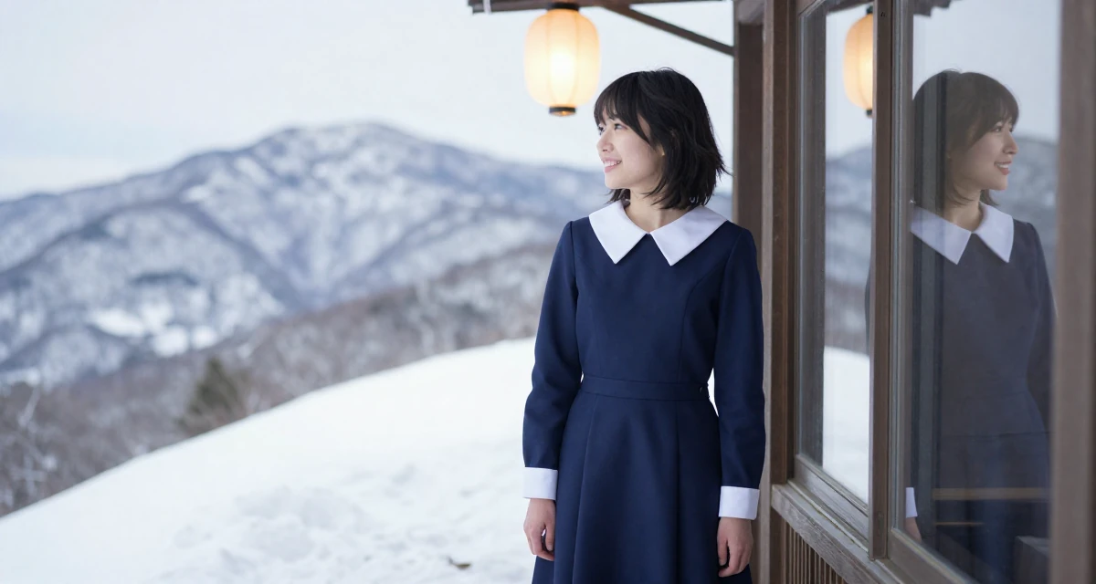 A hopeful Female From Osaka Japan, learned cosplay craftsmanship and character styling in their 23, pretending everything is fine while barely covering bills, wearing a navy blue dress with white collar and cuffs, looking at a reflection in a window in a snowy mountain peak.