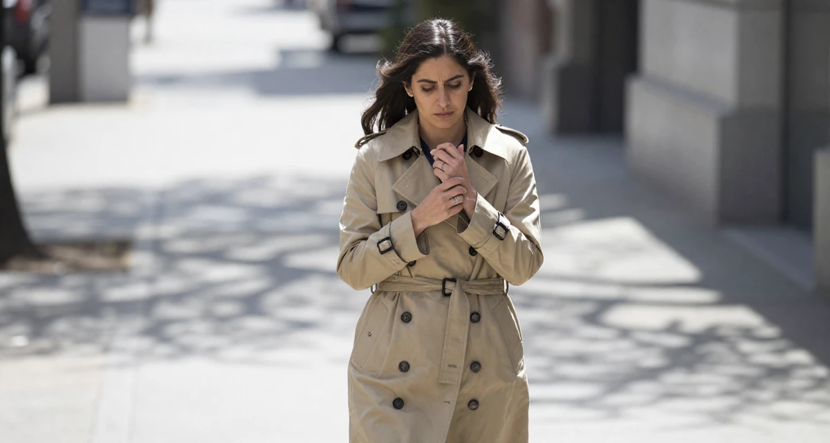 A thoughtfully silent Female From Mexico, majored in law in their 27, dealing with the emotional cost of visibility, wearing a long trench coat belted tightly at the waist, playing with a ring on a finger in a city sidewalk.