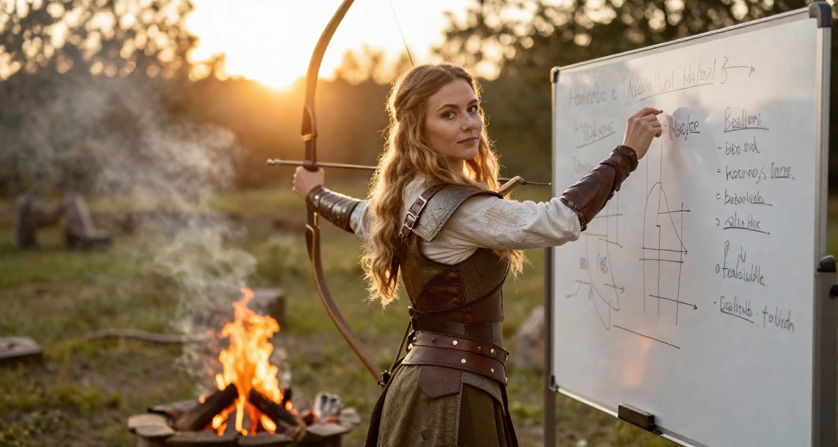 A calm and confident Female From Russia, trained as a classical ballerina in their 29, learning self-discipline the hard way, wearing a fantasy elven archer outfit with leather armor details, picking something up in a campfire circle.