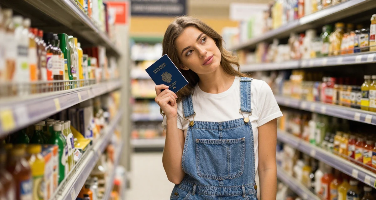A soft Female From Poland, studied biotechnology in their 20, balancing part-time jobs with intense study schedules, wearing a relaxed dungarees or overalls, holding a passport in a supermarket aisle.