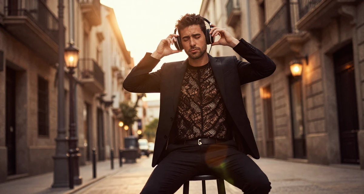 A bored male From Spain, majored in cultural management in their 24, performing with growing confidence and playful charm, wearing a black lace top under a business suit, adjusting headphones in a historic downtown.