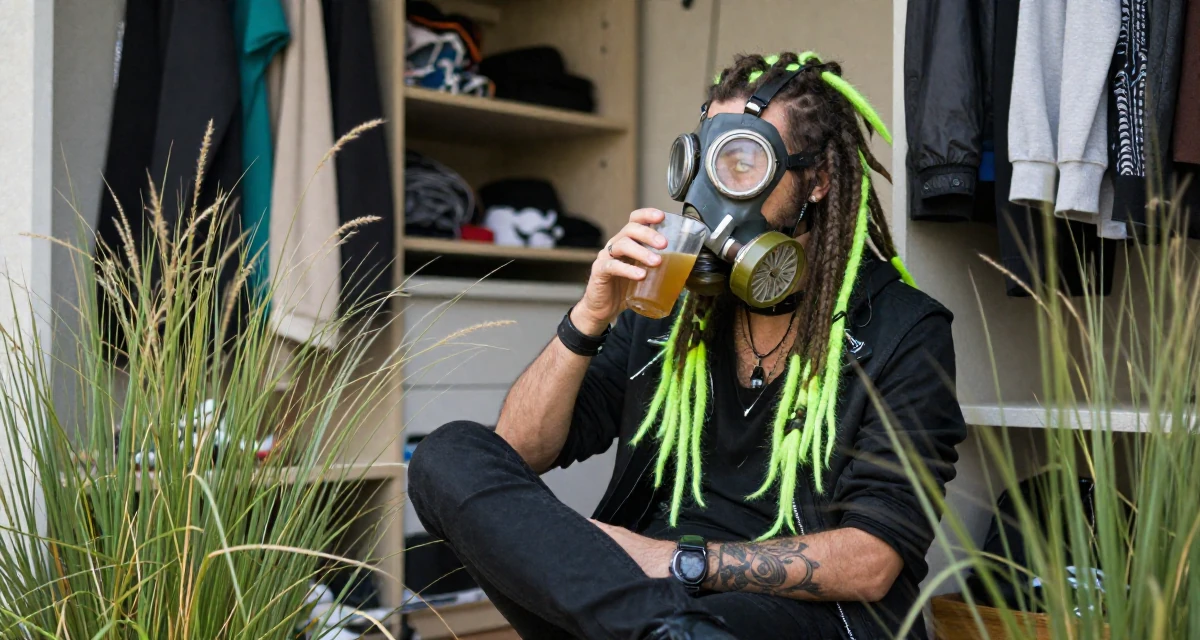 A fearless male From Spain, has a degree in fine arts in their 42, finding peace in a slower intentional lifestyle, wearing a cyber-goth outfit with gas mask and neon dreads, sipping a warm drink in a walk-in closet.