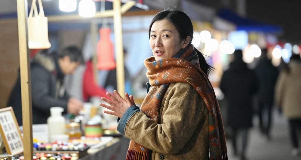 A lighthearted Female From Mongolia, majored in history and culture in their 46, advocate for work-life balance in leadership, wearing a layered autumn coat and scarf, gesturing while talking in a night market stall.