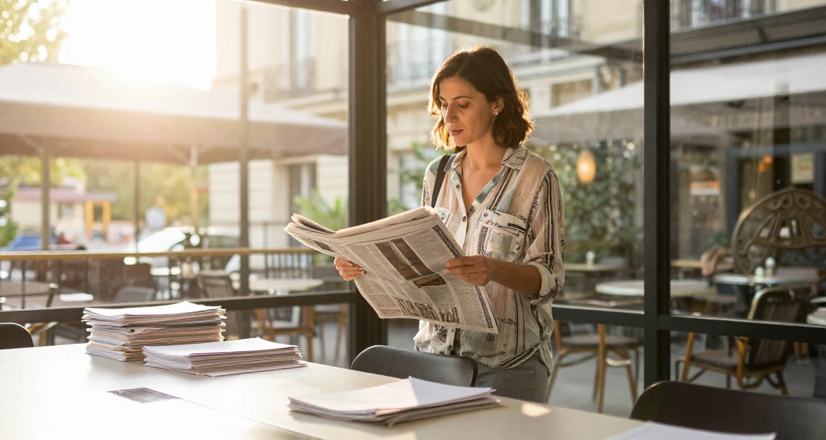 A focused Female From Spain, has a degree in fine arts in their 45, sharing wisdom on navigating office politics, wearing a relaxed vacation shirt, holding a newspaper in a glass-walled conference room.