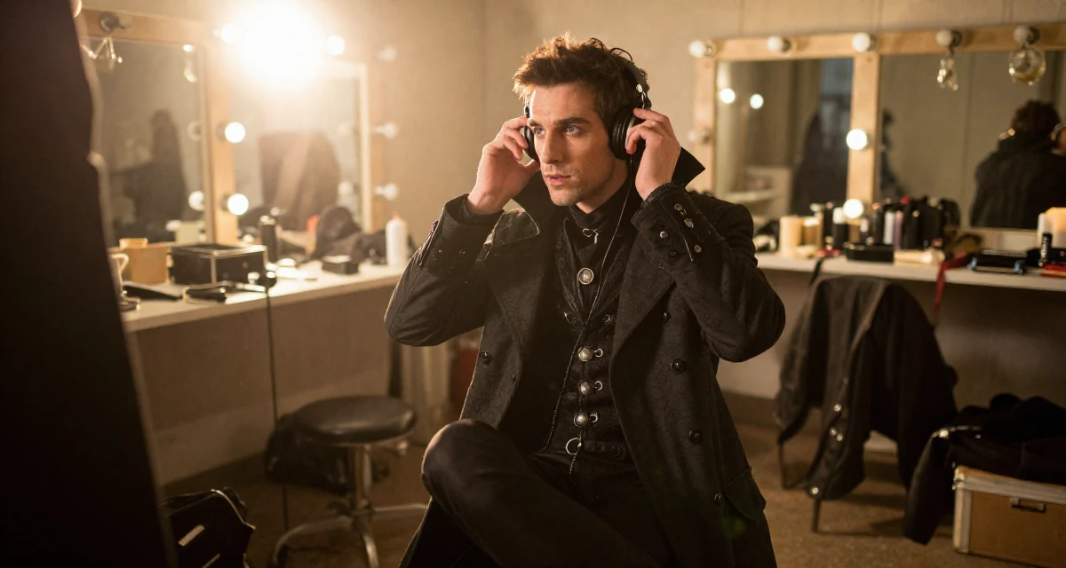 A observant male From France, has a degree in art history and curating in their 27, investing in equipment instead of vacations, wearing a gothic vampire hunter outfit with a long coat, adjusting headphones in a backstage dressing room.