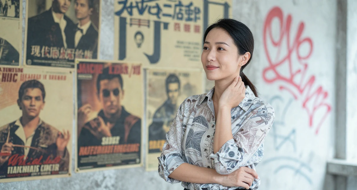 A cheerful Female From Macau, studied hospitality management in their 29, solidifying professional reputation, wearing a relaxed fit patterned shirt, stretching the neck in a graffiti art wall.