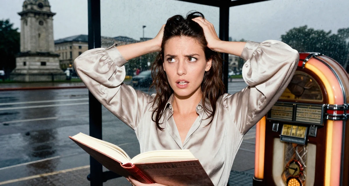 A yearning Female Once a history major, now creating vintage-inspired storytelling in their 22, using sensual energy as empowerment instead of pressure, wearing a silk blouse with oversized cuffs, turning a page in a bus stop in the rain.
