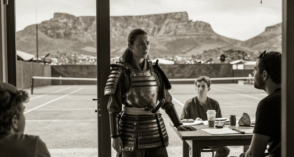A awestruck Female From Cape Town South Africa, studied film editing in their 37, mentoring younger creatives in the industry, wearing a samurai armor set with a katana at the waist, resting hands on a table in a tennis court.