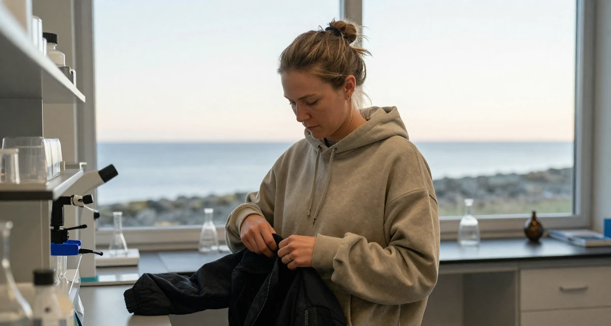 A stoic Female Born in Norway, majored in consumer psychology in their 25, navigating emotionally intense relationships, wearing a trendy oversized hoodie, putting on a jacket in a science lab.