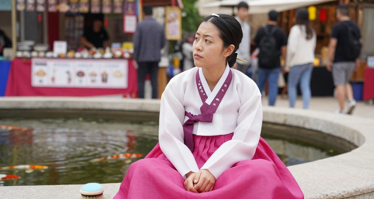 A thoughtful Female From Portugal, based in Faro, graduated from a media institute majoring in stylish audiovisual curation in their 25, trying to avoid burnout from overthinking every post, wearing a traditional hanbok modified for a modern look, brushing off dust in a classroom setting.
