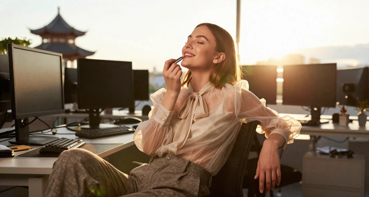 A positive Female From Estonia, based in Tartu, graduated from a state university majoring in digital culture in their 23, learning that creativity doesn’t pay rent—consistency does, wearing a sheer chiffon blouse with a bow tie neck and slacks, applying lipstick in a cybernetic computer lab.